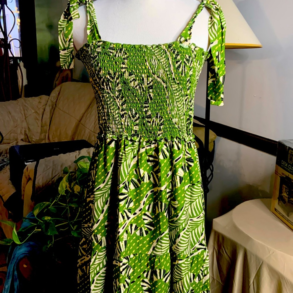 THML Sundress Midi Dress Geometric Pattern Green and black Large